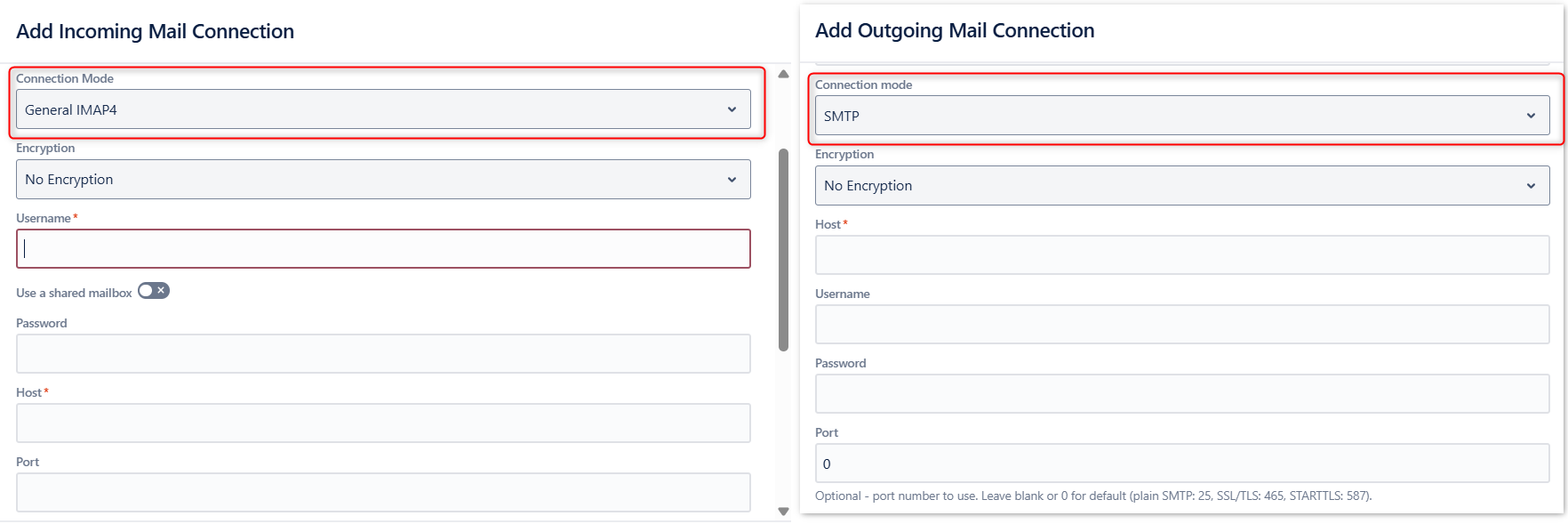 Incoming mail connection with IMAP, outgoing mail connection with SMTP protocol.